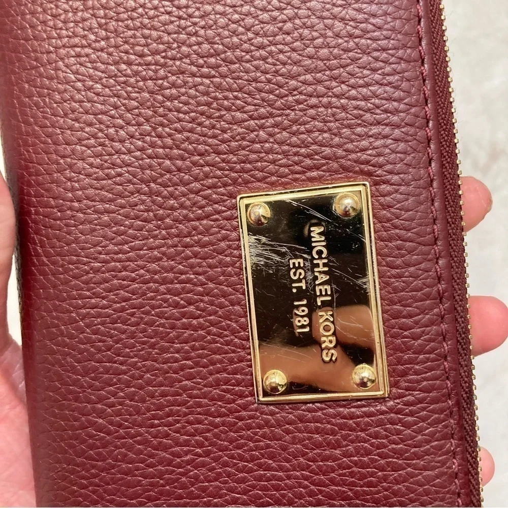 Michael kors burgundy red leather long zipper clutch wallet